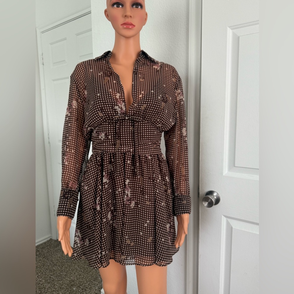 Zara Brown Printed Long-Sleeve Mini Dress